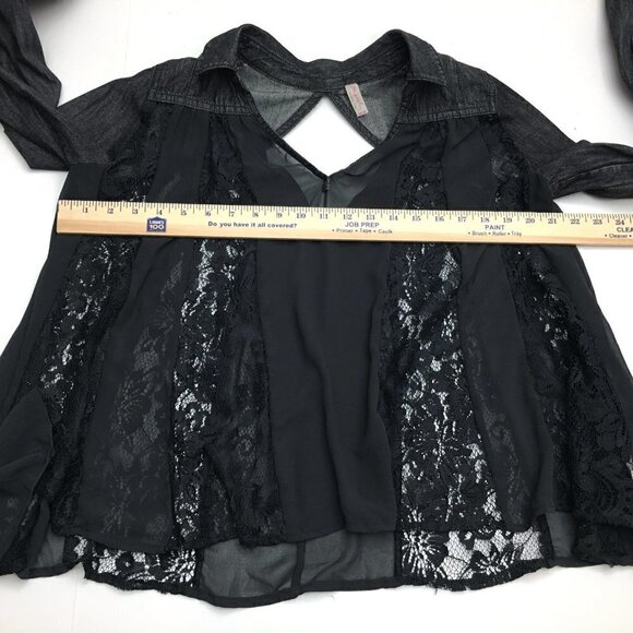Free People Women's Black Denim & Lace Crop Top Long Sleeves Boho Open Back XS - Picture 4 of 10